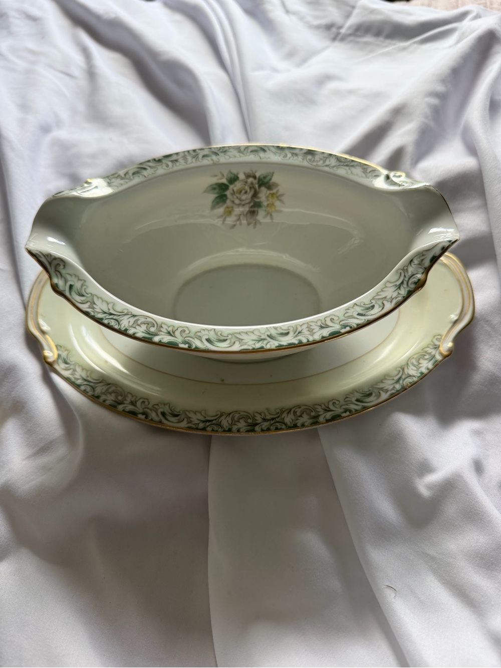 Vintage Noritake Green and Cream Floral Serving Bowl with Underplate